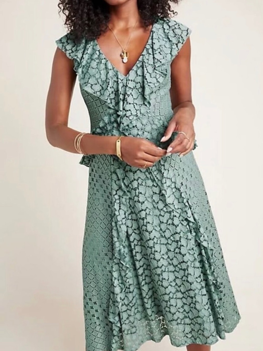 Anthropologie Antoinette dress Sage Green Eyelet Peplum Midi size 2